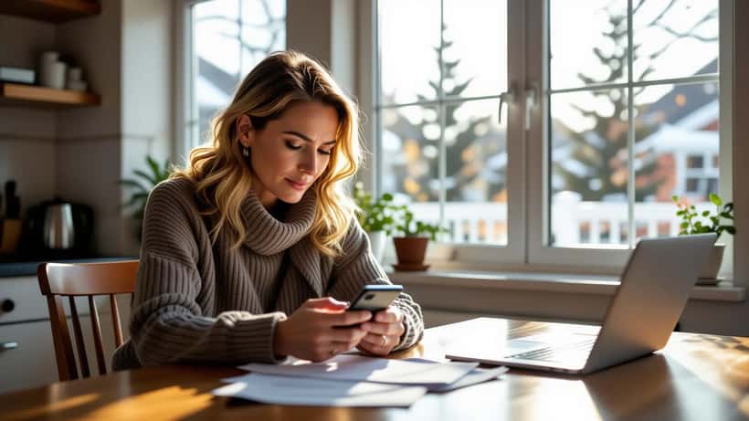 Worried Canadian woman checking a completed instant bank transfer on her smartphone at a kitchen table