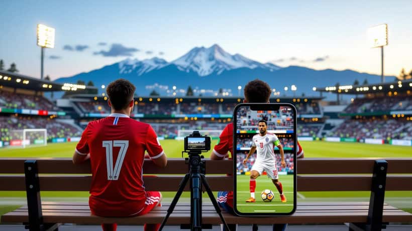 Maillots Tunisie et Pays-Bas avec smartphone streaming légal sur un banc de stade