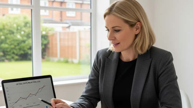 British woman reviewing financial documents and budget plan at home desk