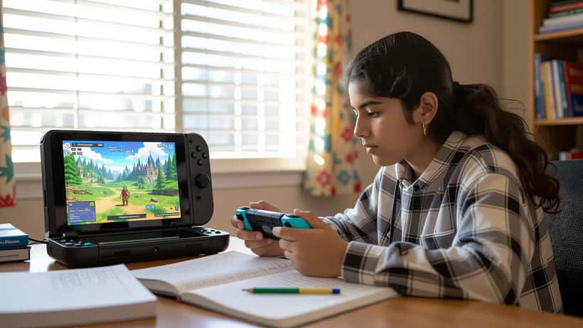 Adolescente latino estudiando con Nintendo Switch y libros de matemáticas en escritorio de California