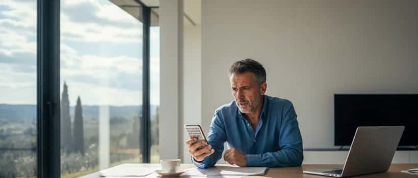 Uomo italiano che guarda preoccupato il suo smartphone con notizie false in un ufficio domestico luminoso