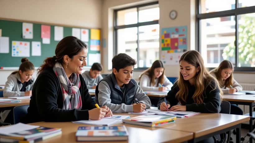 Professora a ajudar dois alunos de idades diferentes numa sala de aula portuguesa, representando a fusão dos ciclos do ensino básico