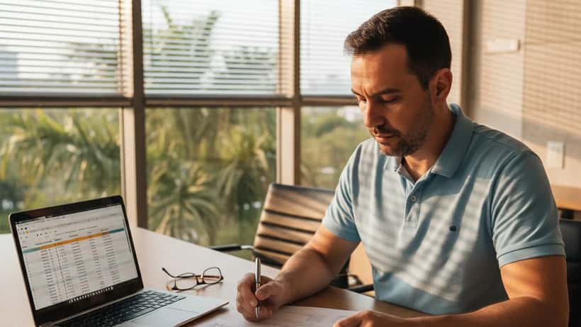 Proprietário de veículo organizando documentos do IPVA e TRLAV com consultor financeiro em Belo Horizonte