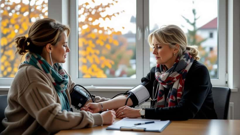 Praktiserende læge måler blodtryk på ældre kvindelig patient i dansk klinik om efteråret