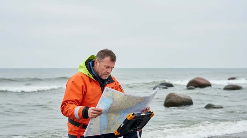 Meeresbiologe untersucht Ausrüstung an der Ostseeküste in Mecklenburg-Vorpommern