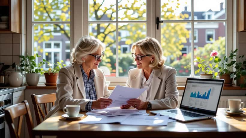 Oudere Nederlandse vrouw bekijkt pensioenpapieren aan keukentafel met laptop