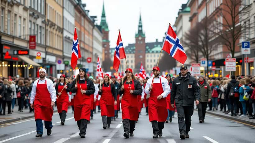 Norske restaurantarbeidere i streik med fagforeningsflagg på Oslos gater 1. mai 2026