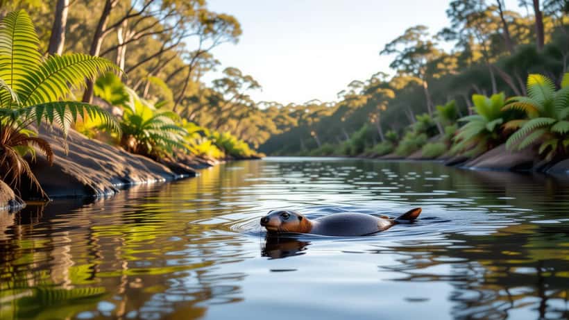 Platypus swimming in the Hacking River, Royal National Park, during UNSW rewilding survey