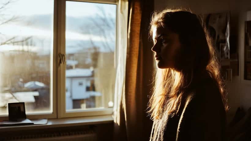 Ung íslensk stúlka stendur við spegil í herbergi og lítur á sig með hugsandi svip