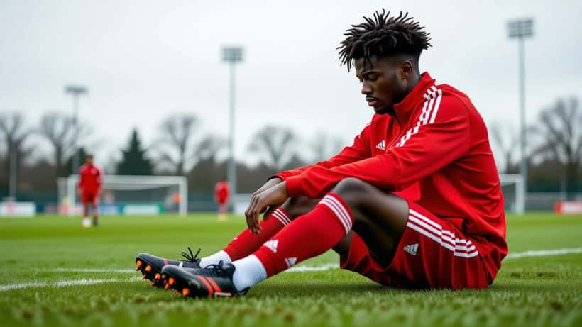 Young footballer sitting alone on training pitch, head bowed, teammates blurred in background, overcast English sky