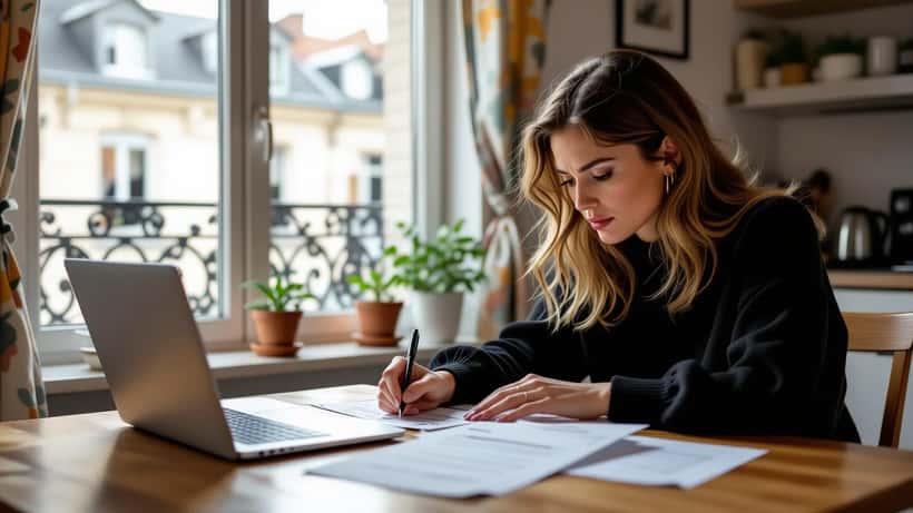 Femme vérifiant son relevé bancaire sur ordinateur portable après un prélèvement SEPA abusif, Paris