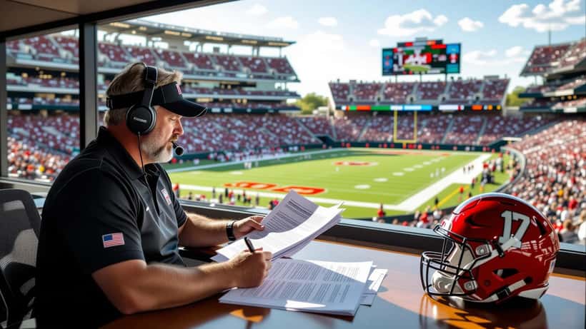 Football coach reviewing employment contract documents in stadium executive suite, Texas, October 2026