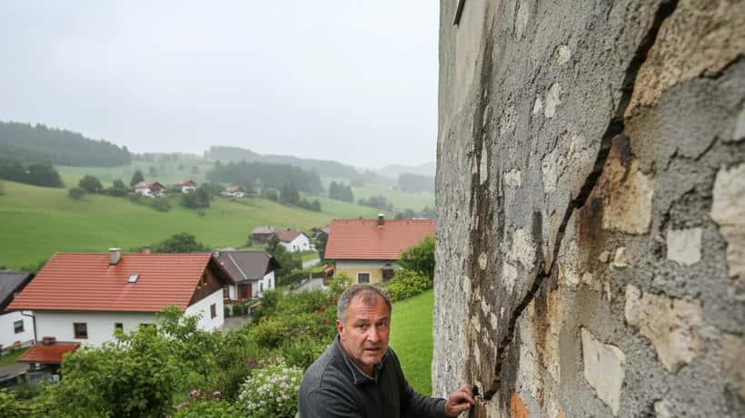 Österreichischer Hausbesitzer untersucht Risse im Fundament nach starken Regenfällen