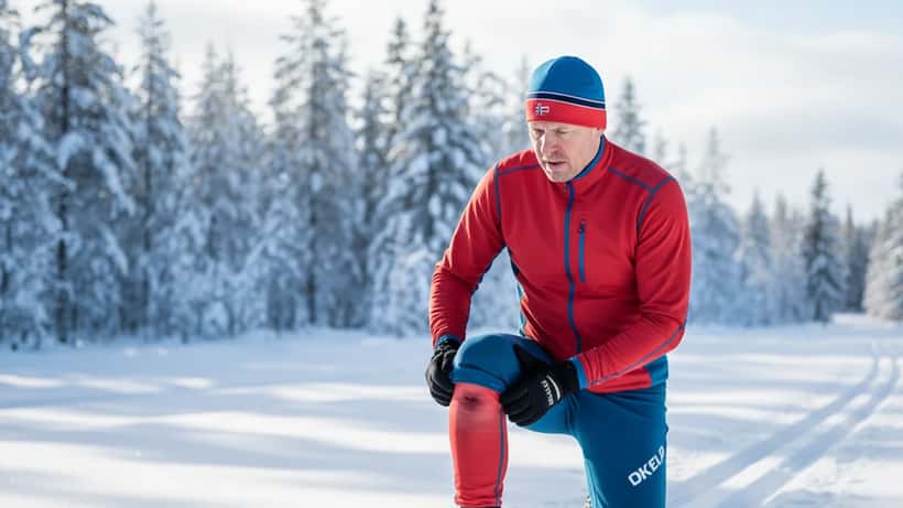 Norsk langrennsmosjonist som undersøker kneskade på snørik sti nær Trondheim