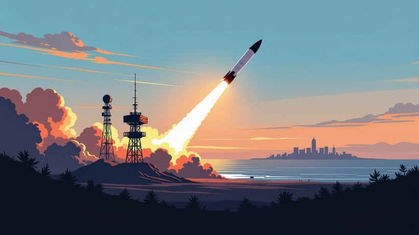 Ballistic missile test launch over coastal horizon at dawn