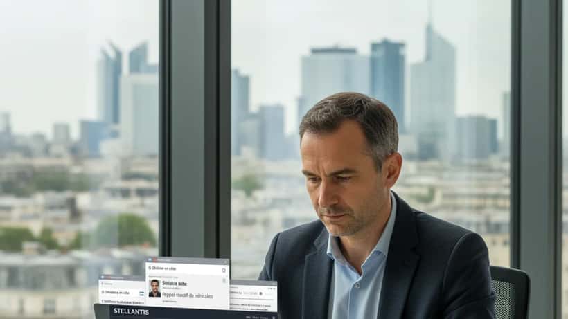 Conseiller financier français examinant une courbe boursière en baisse sur un ordinateur portable dans un bureau parisien