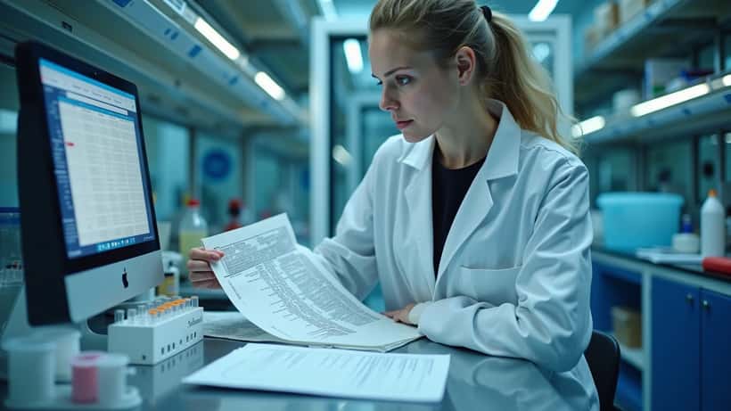 Forensic scientist examining DNA evidence in a laboratory as part of a cold case investigation