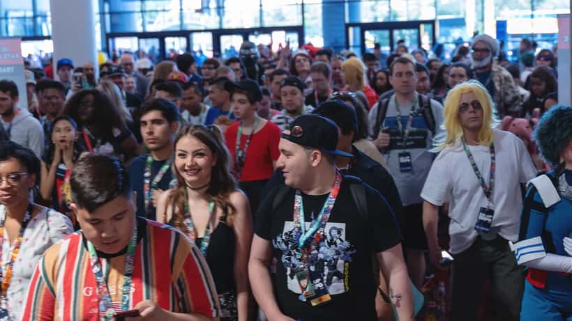 Gaming convention expo floor with crowd of attendees at PAX Aus