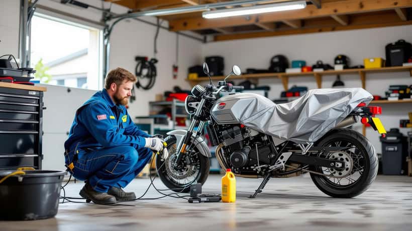Dansk motorcykelejer klargør sin motorcykel til vinteropbevaring i garagen