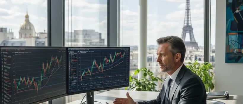 Homme d'affaires français analysant ses placements financiers après la fusion Natixis-Generali
