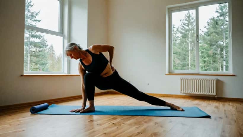 Nainen tekee Pilates-harjoituksia remontoidussa kotonaan Espoossa