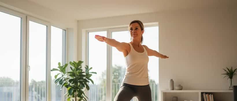 Deutsche Frau Ende 40 macht Yoga in hellem Wohnzimmer morgens 2026