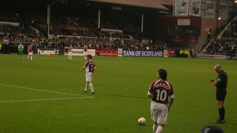Hearts FC players in action during the Edinburgh Derby football match