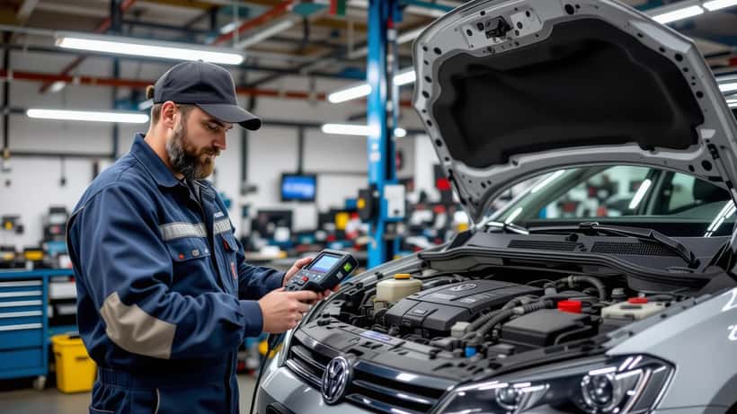 Mécanicien diagnostiquant un moteur de voiture avec un scanner OBD-II dans un garage automobile en Suisse