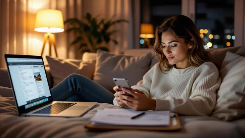 Person reviewing a draft social media post beside a workplace conduct policy and legal notes