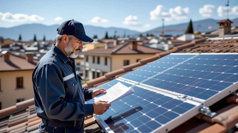 Uomo che esamina l'installazione di pannelli fotovoltaici sul tetto di un condominio a Torino