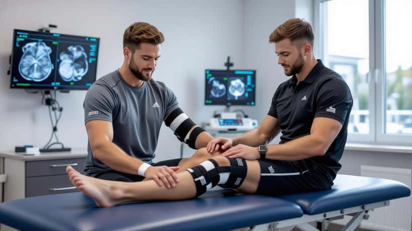 Norsk idrettsutøver i fysioterapibehandling etter kneskade, med MRI-bilder på veggen
