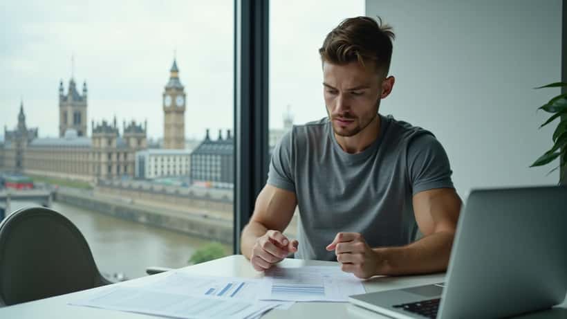 Young British professional reviewing financial documents in a London planning office
