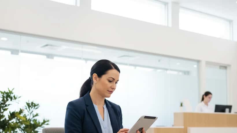 Australian woman reviewing Medicare documents in a modern Sydney clinic waiting room, planning her healthcare costs for 2026