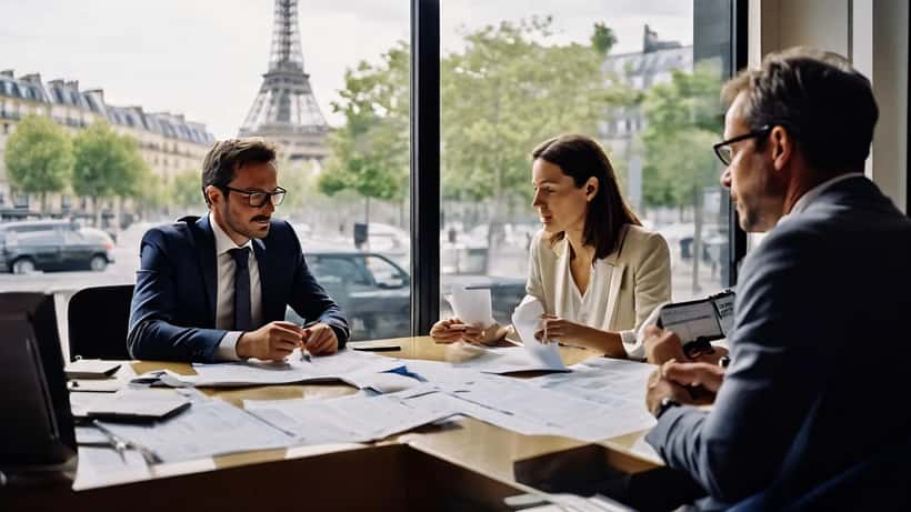 Couple consultant un conseiller financier en agence bancaire pour un crédit immobilier