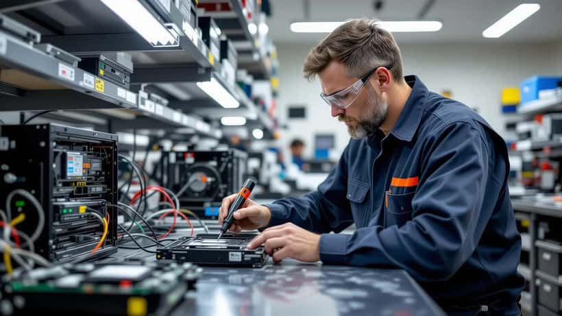 Technicien informatique examinant un disque dur endommagé par un incendie dans un laboratoire de récupération de données