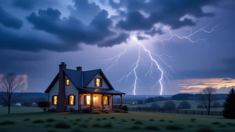 Casa italiana durante un temporale di primavera con cielo minaccioso e lampi lontani