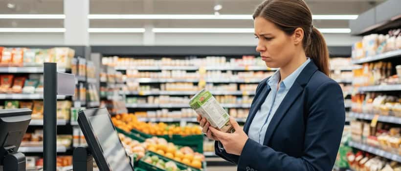 Deutsche Verbraucherin prüft Produktetikett an einer Selbstbedienungskasse in einem Kaufland-Supermarkt