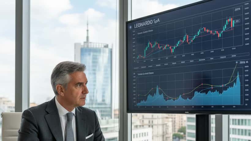 Consulente patrimoniale italiano analizza azioni Leonardo SpA in un ufficio a Milano con grafici di borsa sullo schermo