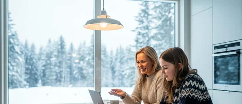 Svensk privatundervisare hjälper tonåring med läxor vid ett ljust skandinaviskt köksbord