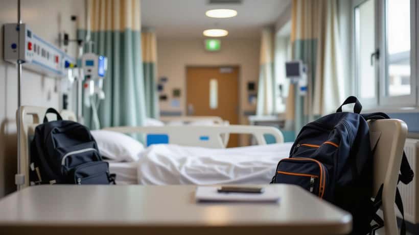 Letto vuoto in corsia pediatrica ospedaliera con zaino scolastico lasciato sulla sedia, corridoio ospedaliero in sottofondo