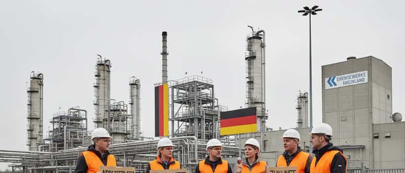 German industrial workers in safety vests standing outside chemical plant at union rally