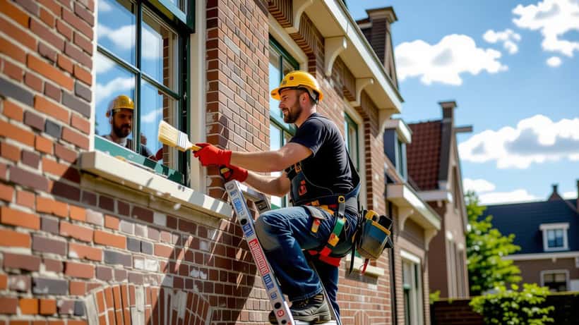 Vakman op ladder inspecteert houten kozijnen van Nederlands rijtjeshuis op de langste dag van het jaar 2026