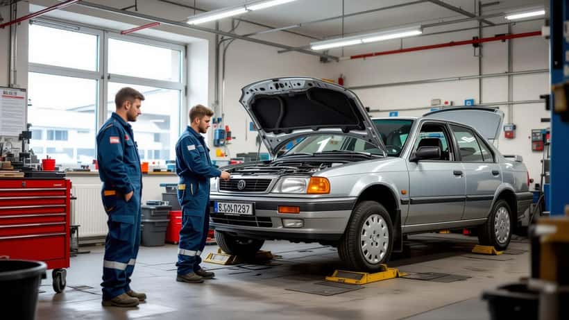Mécanicien contrôlant les freins d'une voiture d'occasion ancienne pour un jeune conducteur dans un garage suisse
