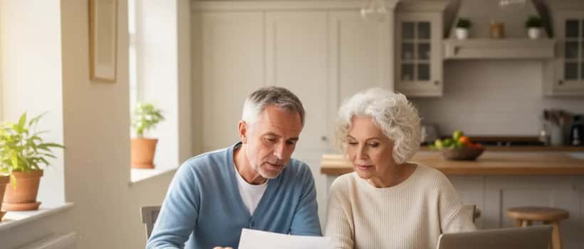 British couple reviewing pension documents at home