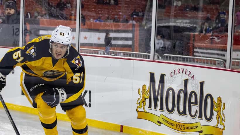 Pittsburgh Penguins players at the 2023 AHL Outdoor Classic at FirstEnergy Stadium