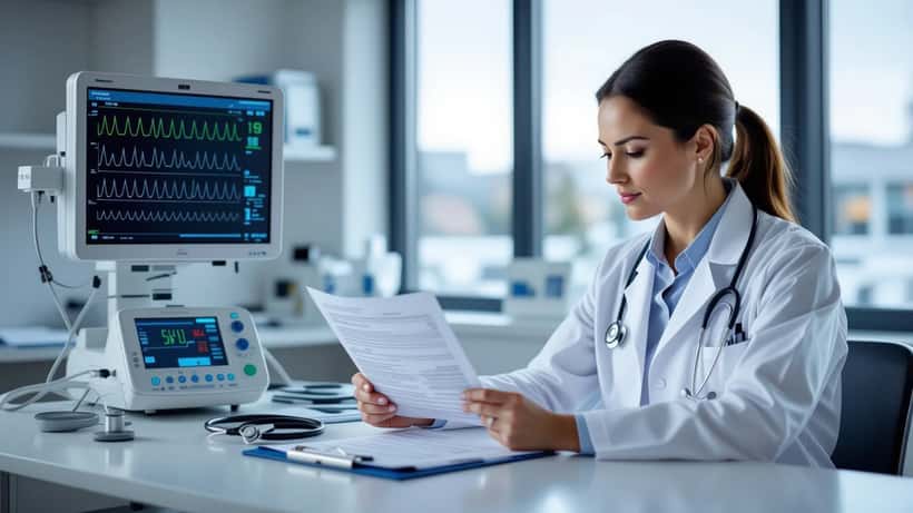 Canadian cardiologist examining an ECG printout in a clinic
