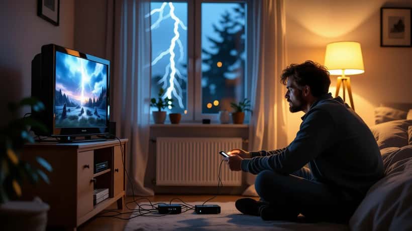Man kopplar ur tv och router i ett mörklagt vardagsrum under ett strömavbrott medan blixtar syns genom fönstret