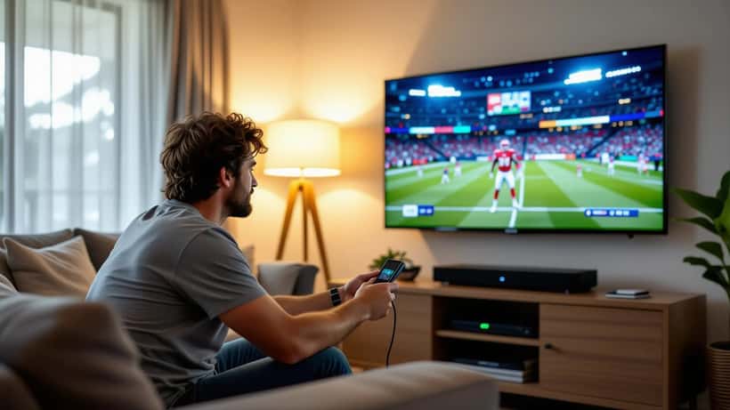 Man setting up a wall-mounted TV, soundbar and streaming box in an Australian lounge room for an NRL match