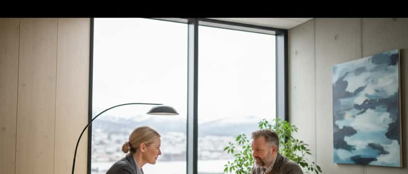 Norsk advokat i et Oslo-kontor konsulterer med en klient, moderne nordisk interiør