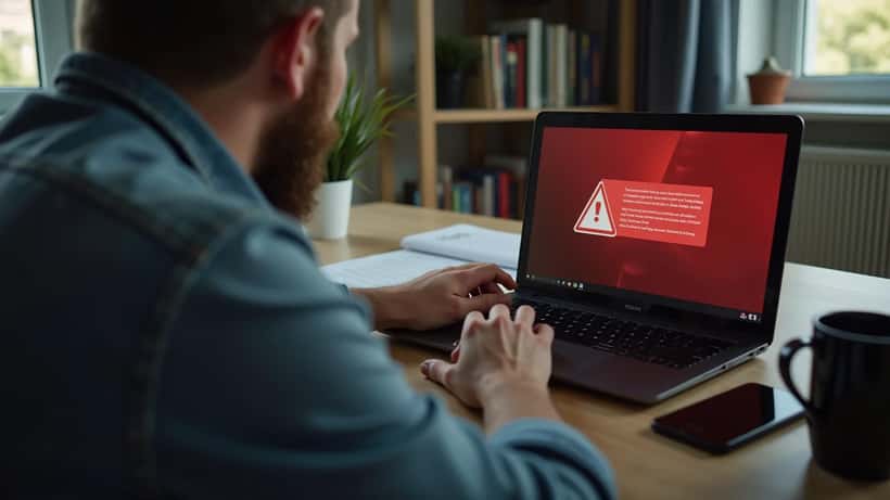 Nederlandse man bekijkt bezorgd zijn laptop met een datalek-waarschuwing van Odido op het scherm